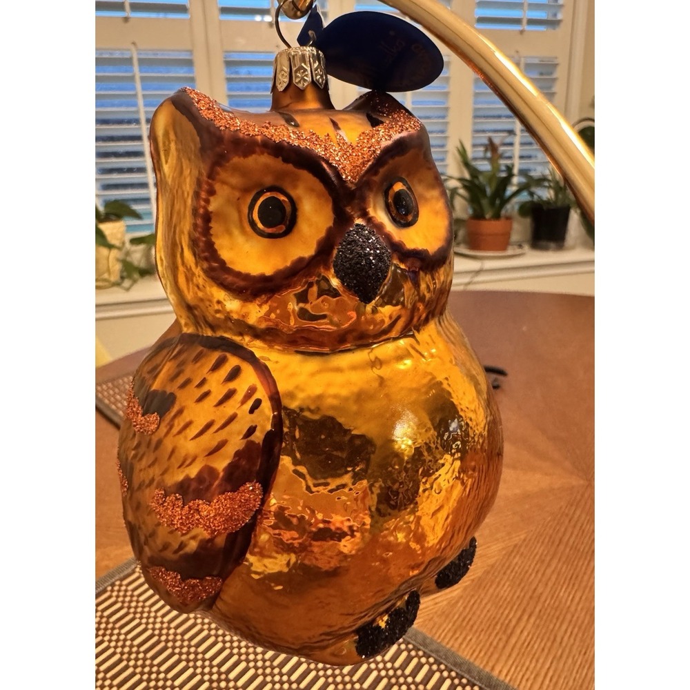 Polish Large Eyed Owl‎ Lg 5" Christmas Glass Ornament Copper Color W/ Tag